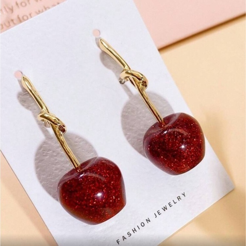 ✨Gold and Red Cherry 🍒 Earrings